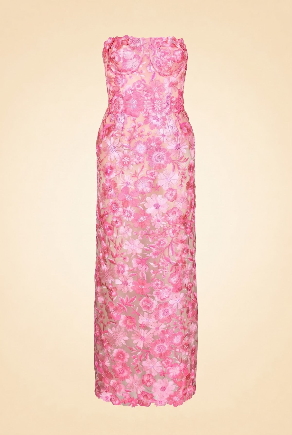 Strapless Floral Embroidered Midi Dress — front view