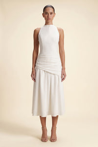 Wrapped Waist Midi Dress - White — on model