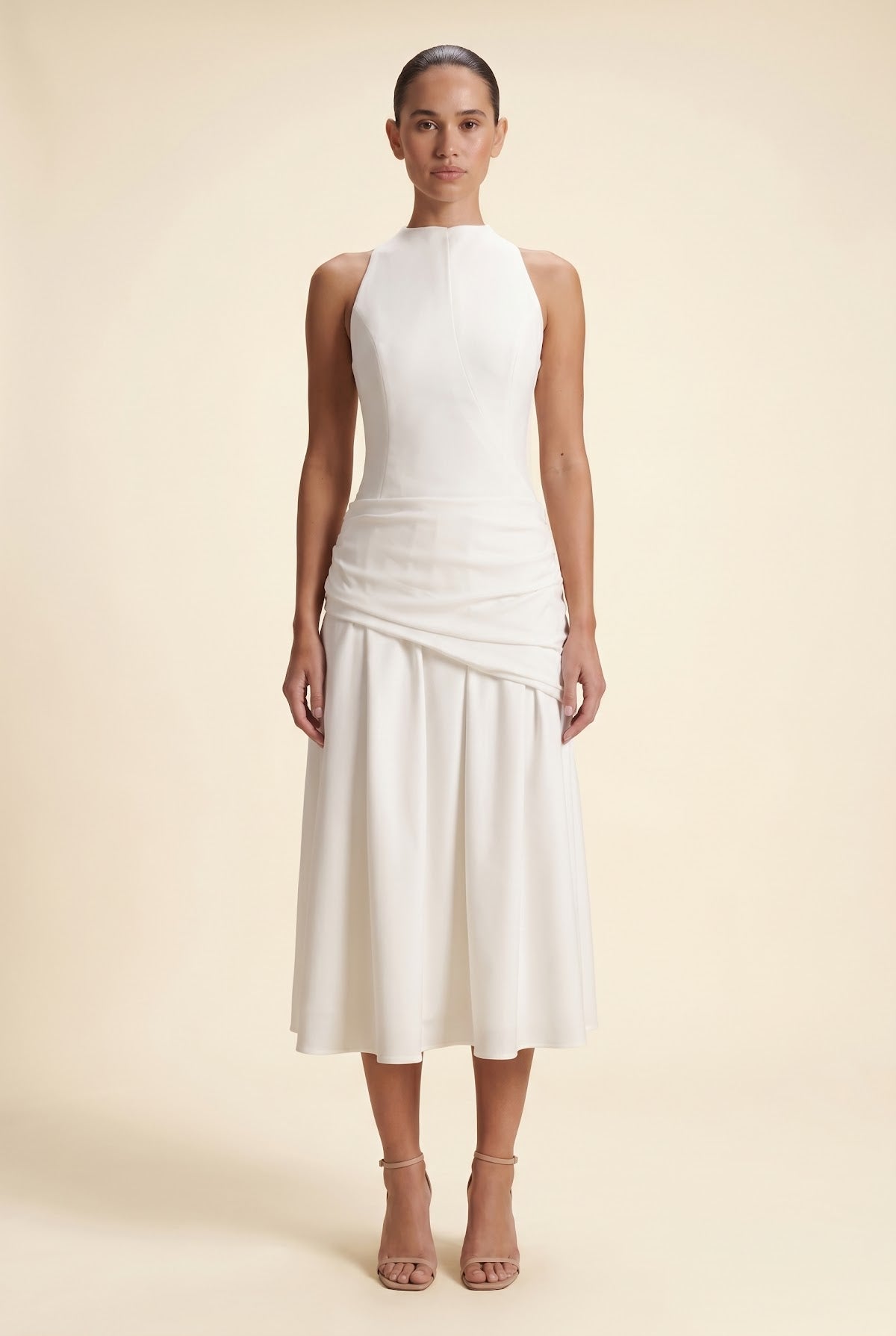 Wrapped Waist Midi Dress - White — on model