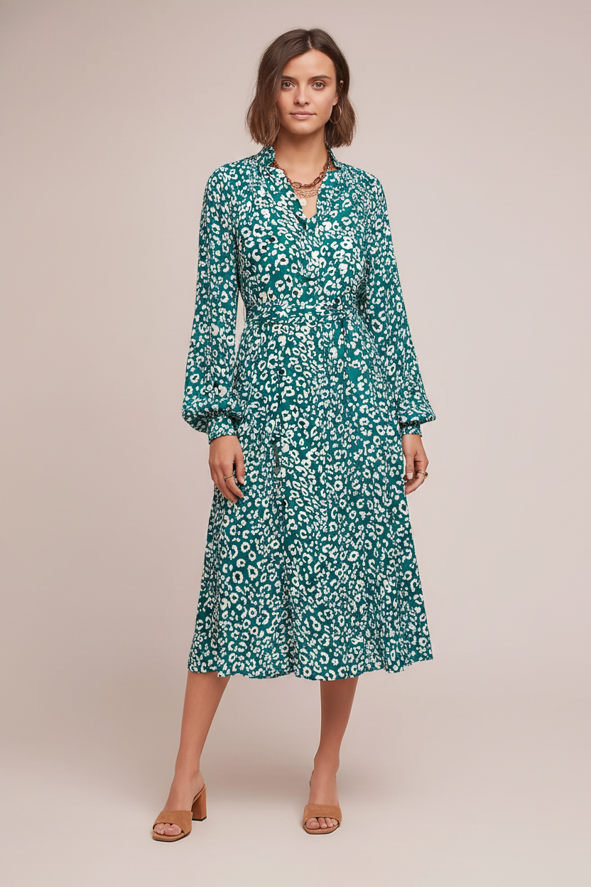 Cecile Leopard-Print Midi Dress — on model