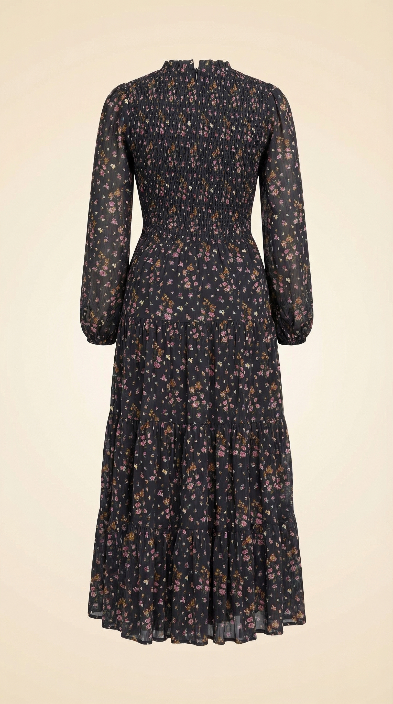 Hill House Home Viviana Print High Neck Long Sleeve Tiered Nap Dress Lucky Charm Fuschia - back