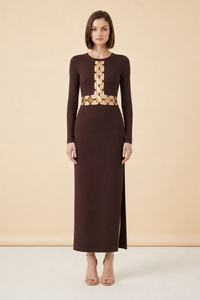 Delphine Dress — Dark Chocolate by Staud — on model