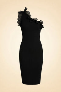 Black One-Shoulder Ruffle Sheath Dress — front view