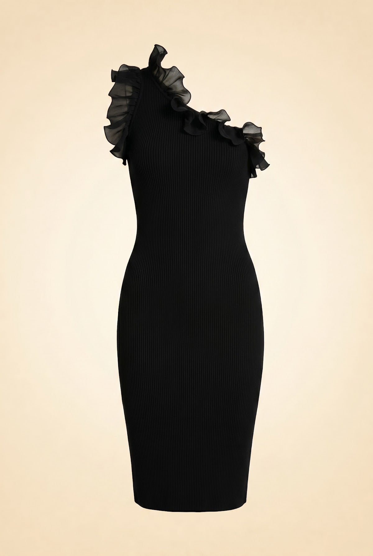 Black One-Shoulder Ruffle Sheath Dress — front view