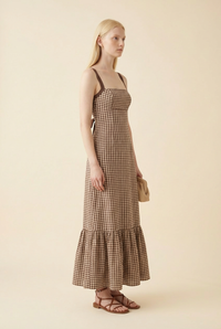 Brown Gingham Tie Back Gown