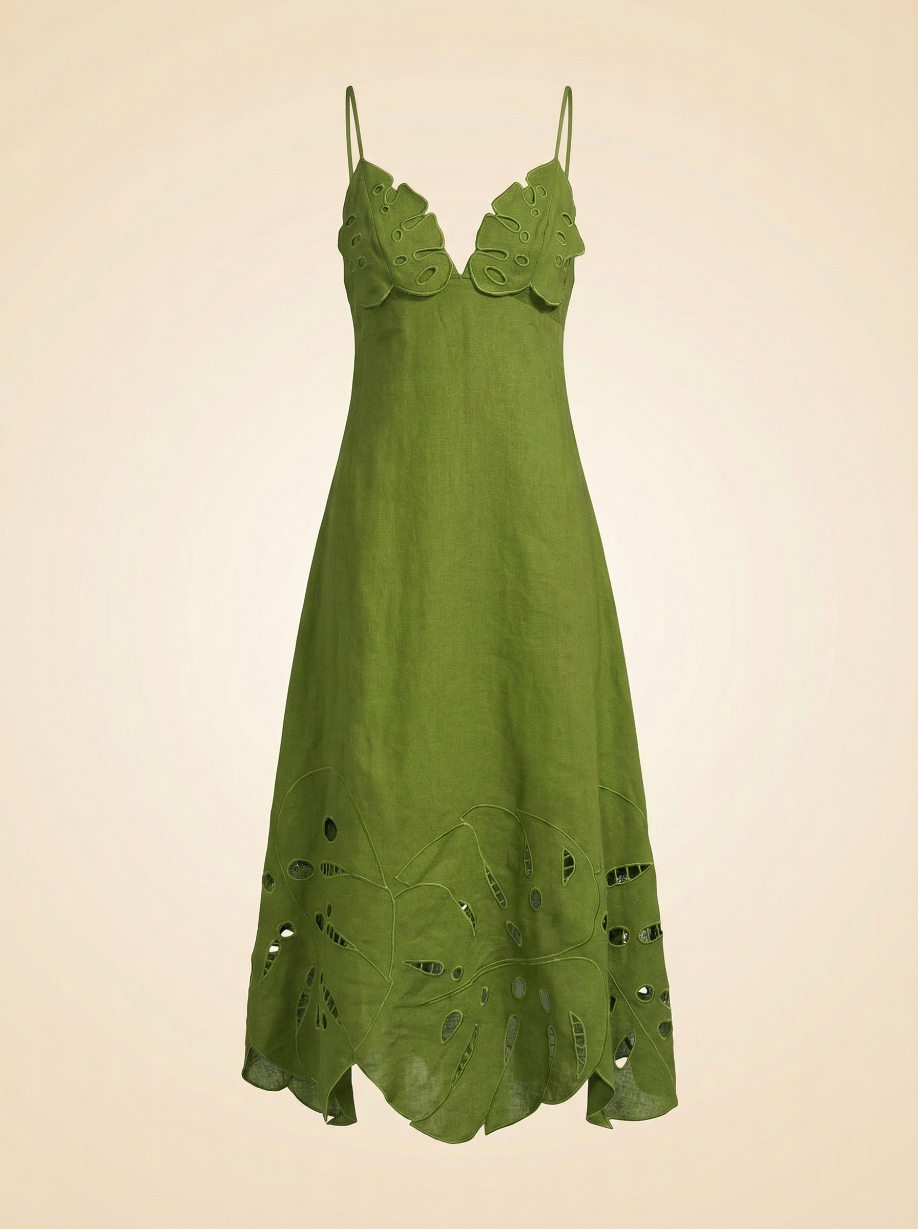 Farm Rio Green Monstera Embroidery Midi Dress