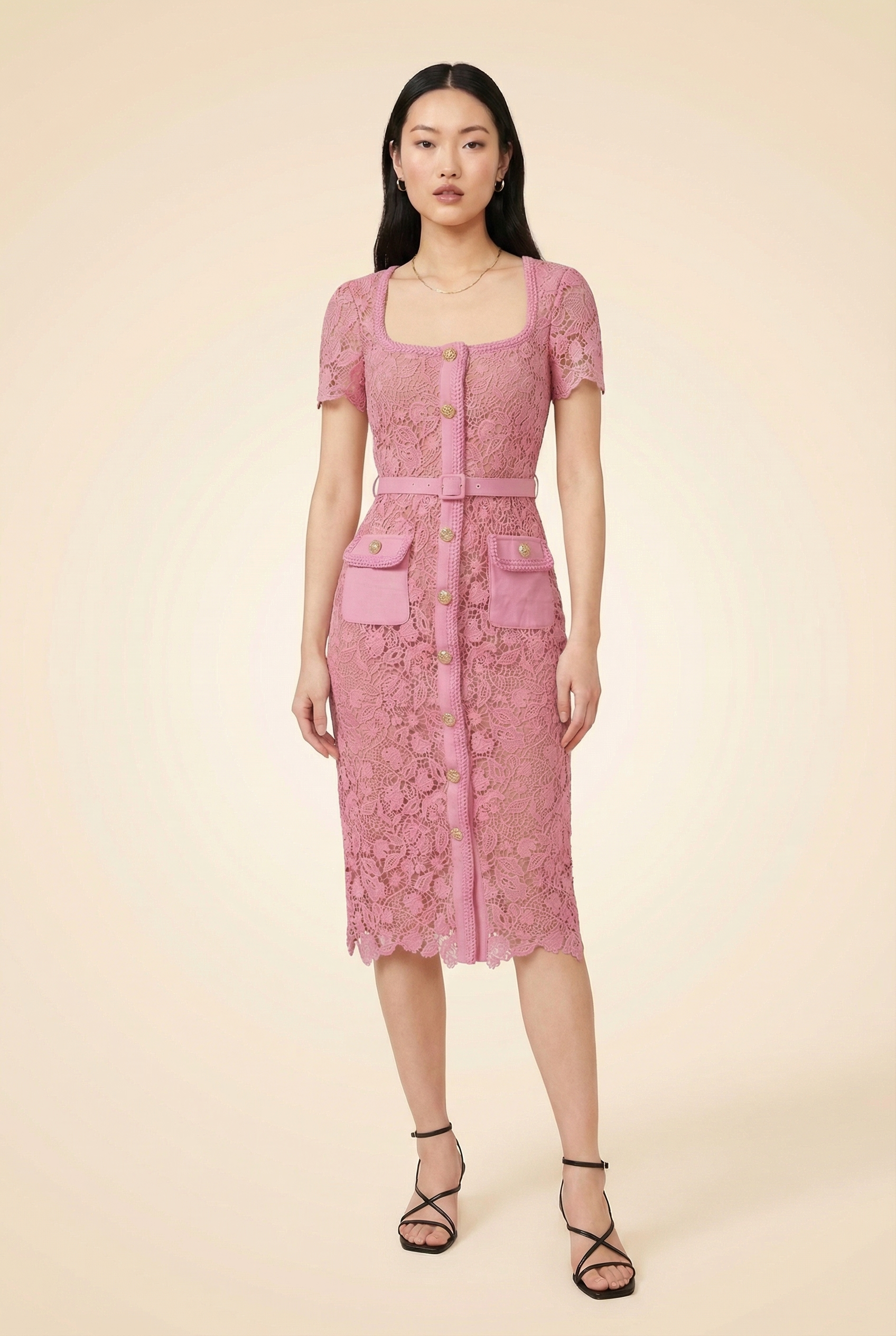 Lace-Overlay Midi Dress - model
