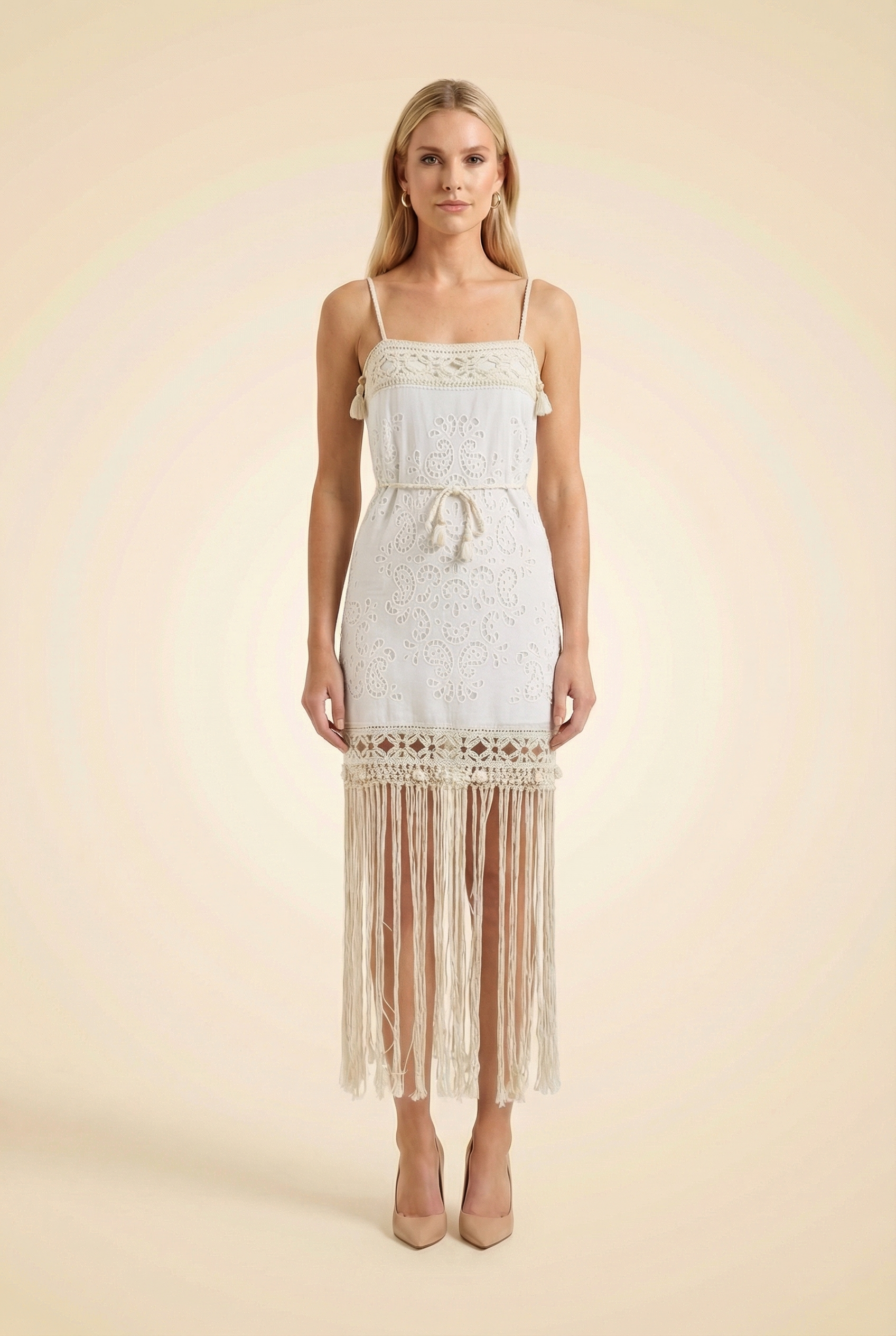 Zimmermann Vitali Fringed Embroidered Mini Dress - model