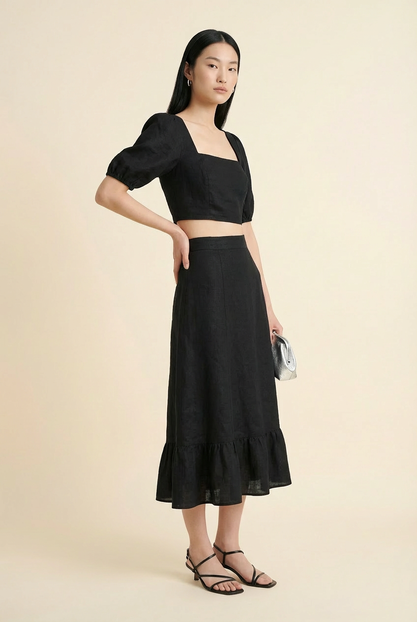 Black Linen Skirt Set
