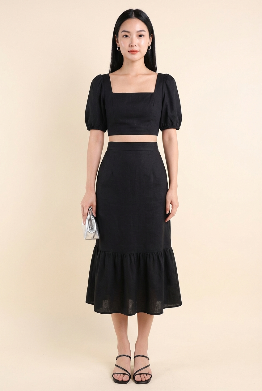 Black Linen Skirt Set