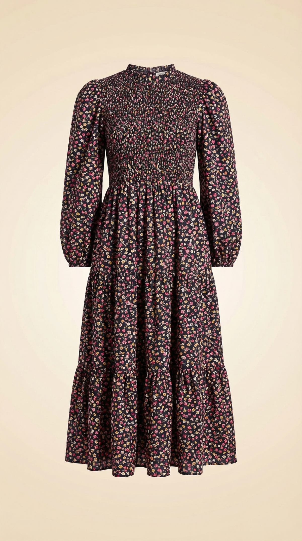 Hill House Home Viviana Print High Neck Long Sleeve Tiered Nap Dress Lucky Charm Fuschia