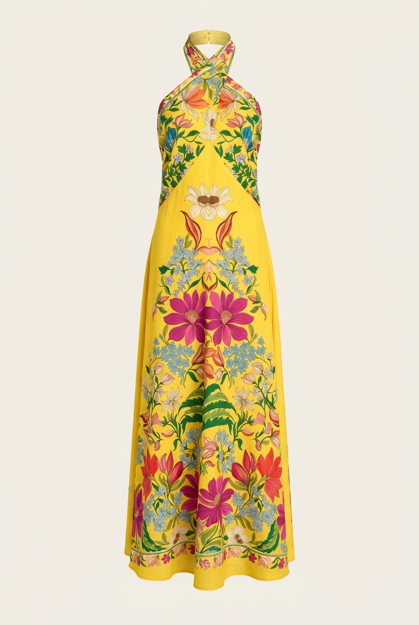 Yellow Floral Halter Maxi Dress