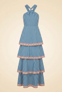 Striped Blue & White Tiered Maxi