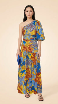 One-Shoulder Blue & Yellow Printed Maxi Dress