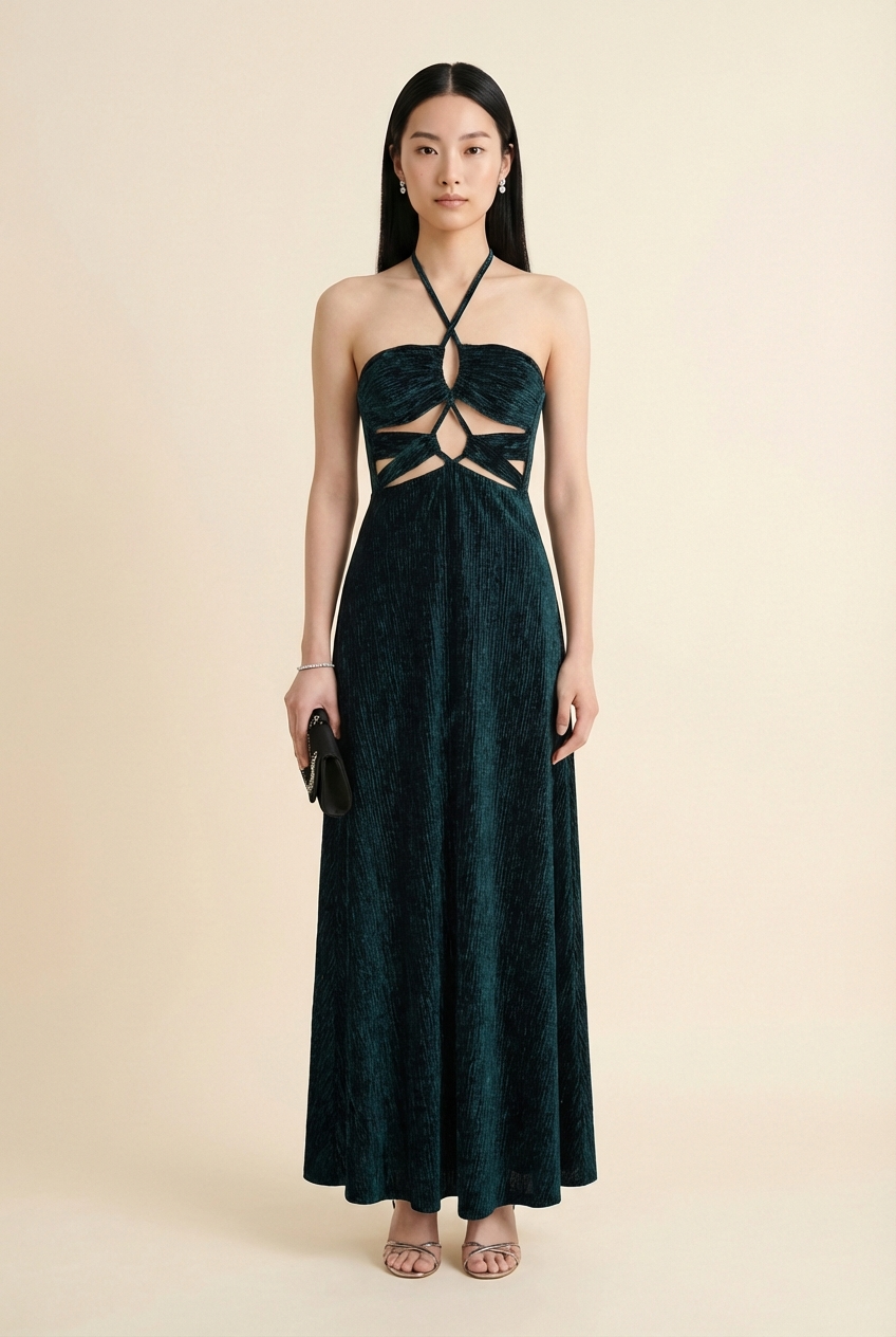 Textured Velvet Lace-up Maxi Dress