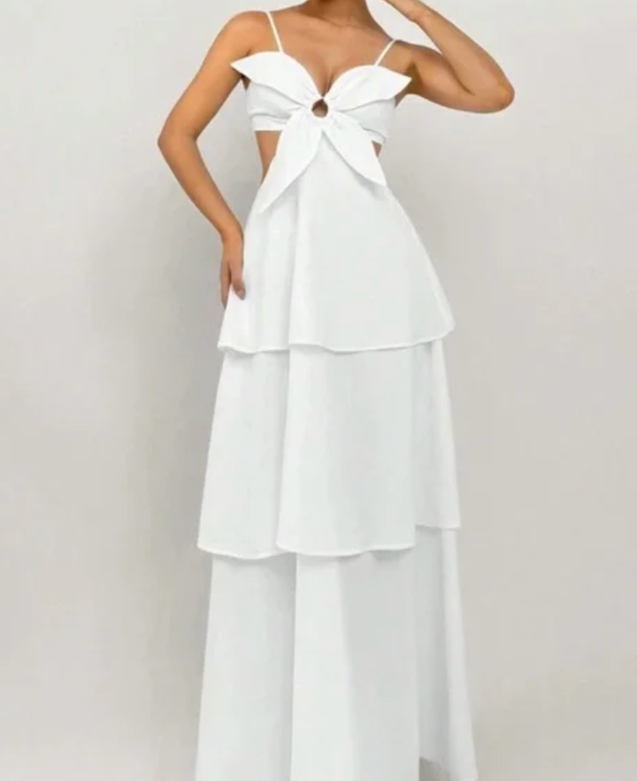 White Layered Flower Detail Maxi Dress