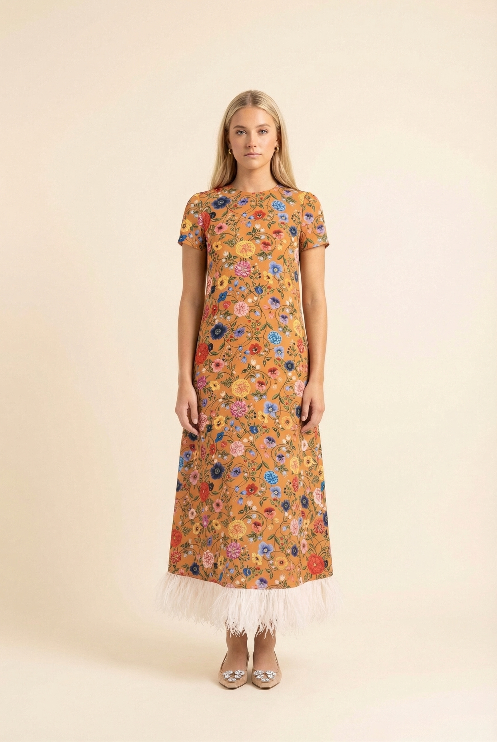 Botticelli Rust Short Sleeve Swing Dress with Feathers