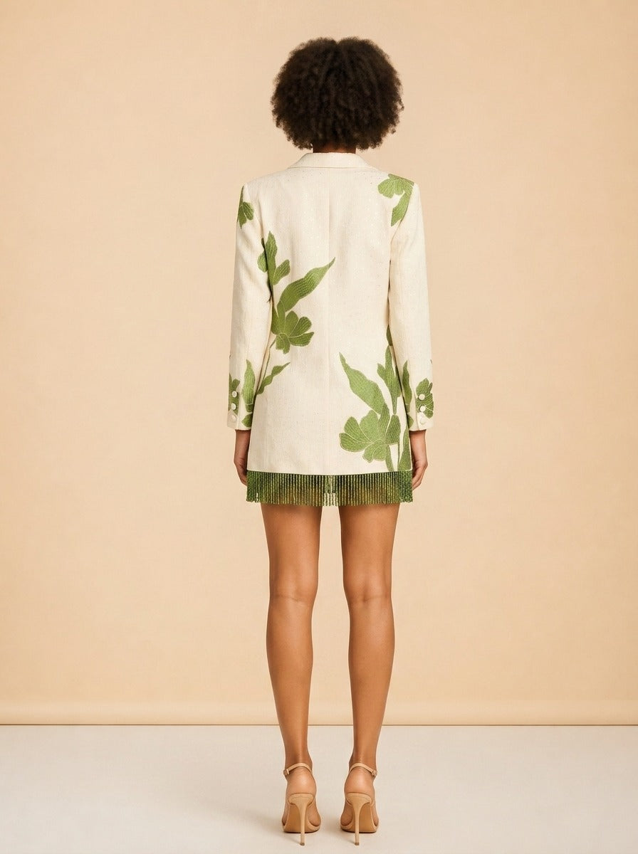 ALEX BLAZER DRESS IN IVORY WTH GREEN APPLIQUÉ model_back
