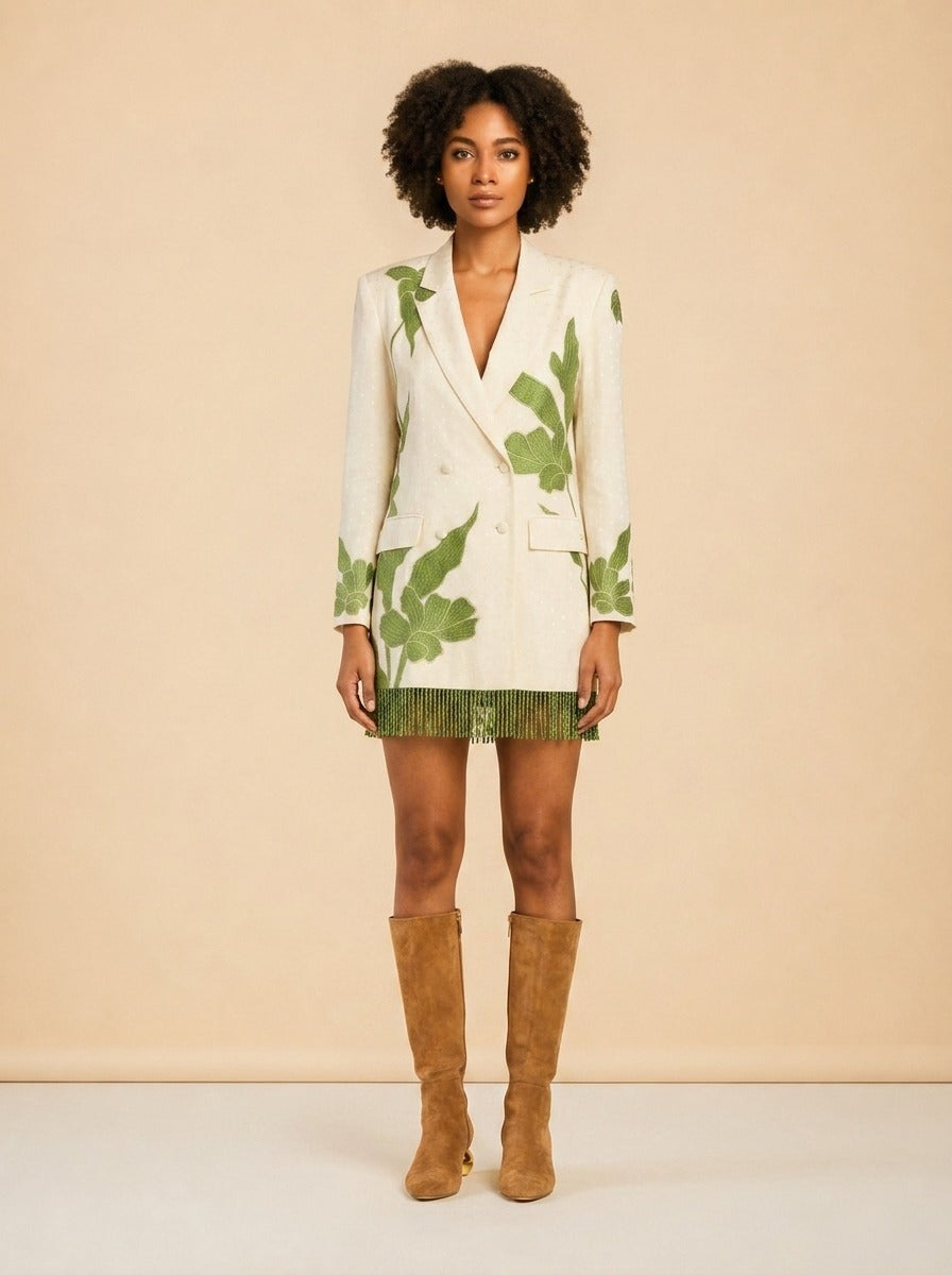 ALEX BLAZER DRESS IN IVORY WTH GREEN APPLIQUÉ model_front