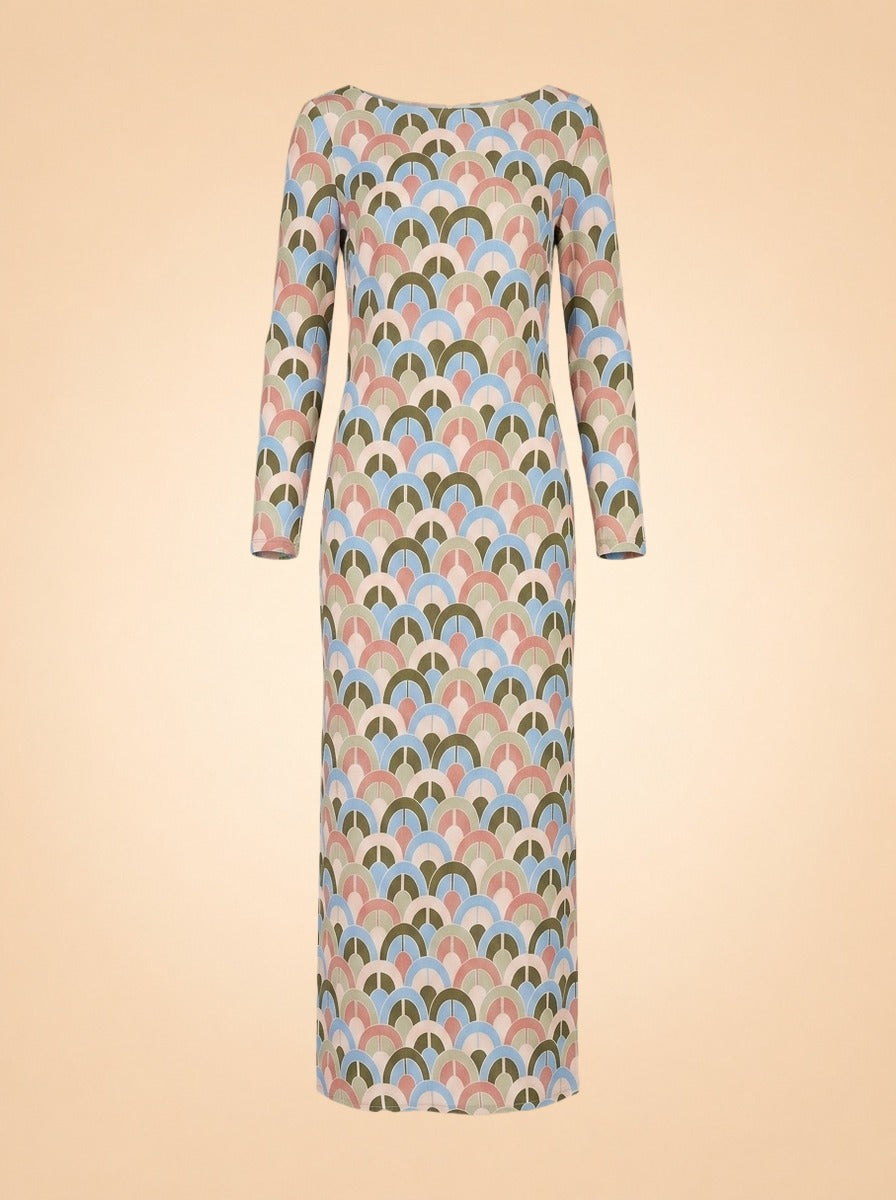 Aria Geo-Print Crepe Midi Dress in Geo Moss