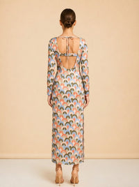 Aria Geo-Print Crepe Midi Dress in Geo Moss