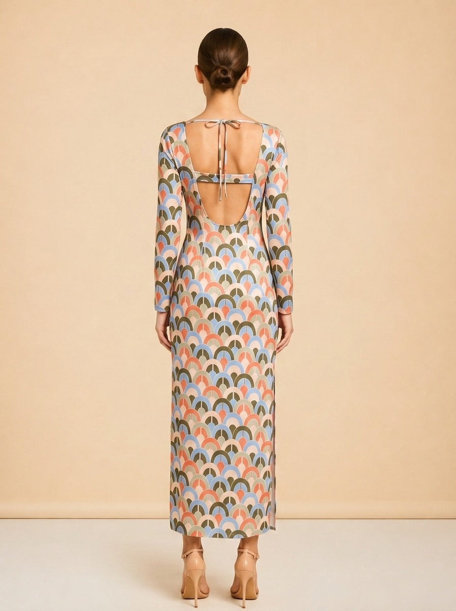 Aria Geo-Print Crepe Midi Dress in Geo Moss