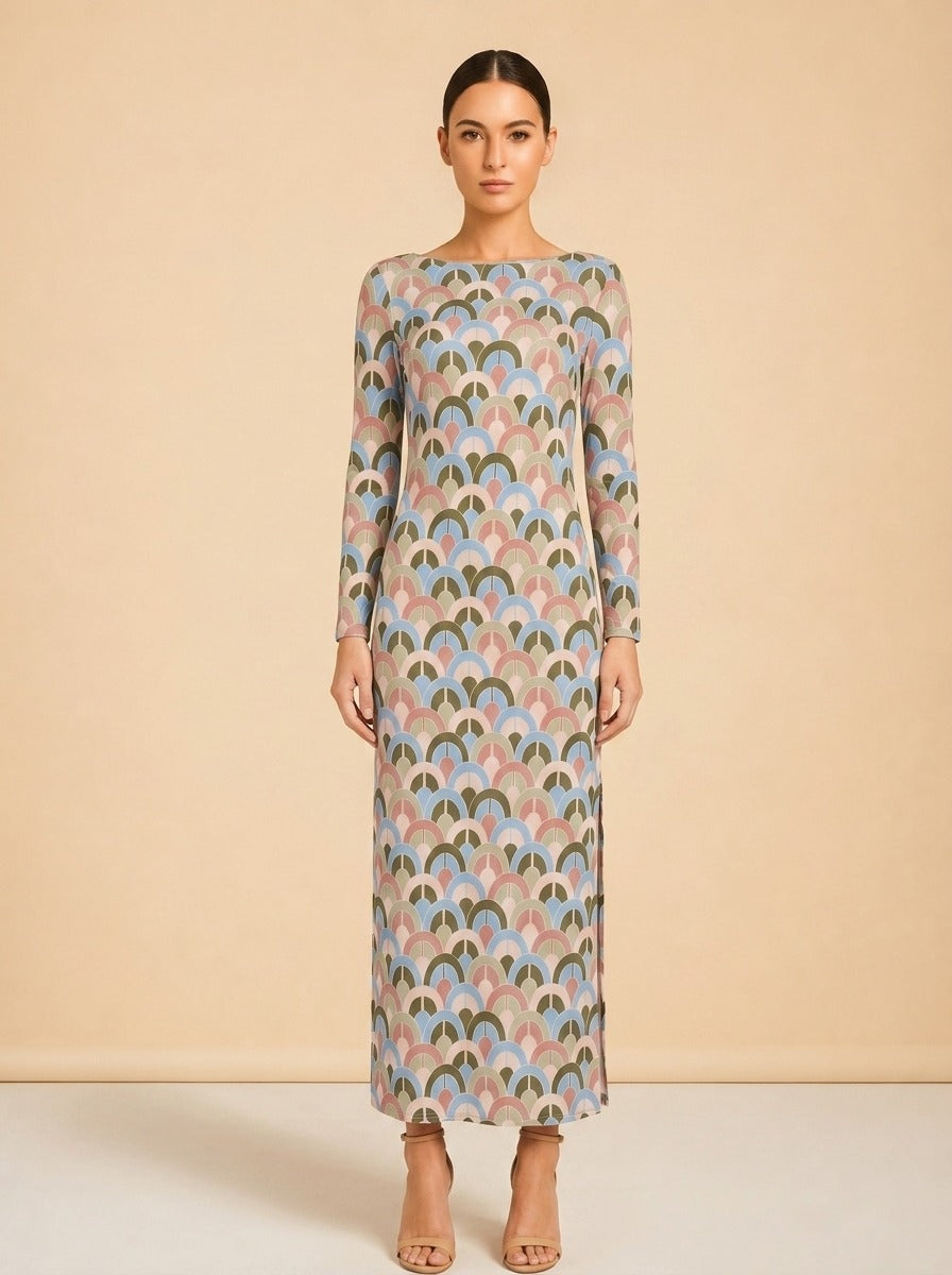 Aria Geo-Print Crepe Midi Dress in Geo Moss