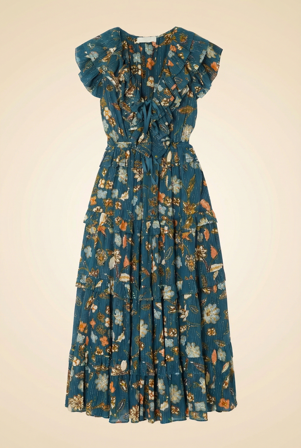 Arisa Ruffled Metallic Floralprint Crepe De Chine Maxi