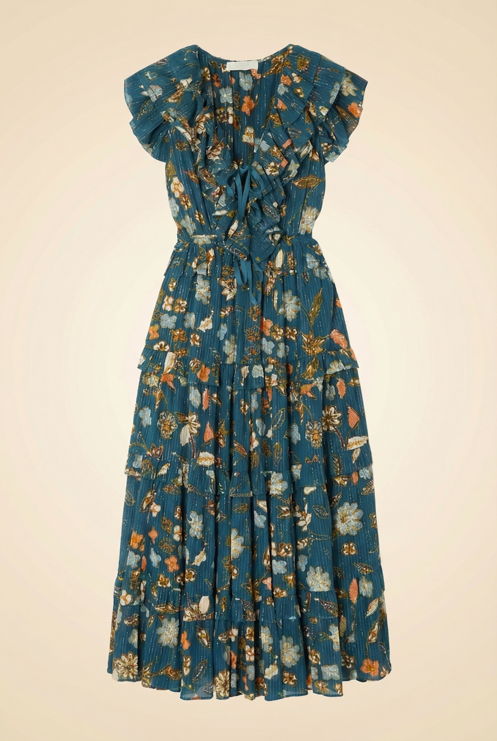 Arisa Ruffled Metallic Floralprint Crepe De Chine Maxi