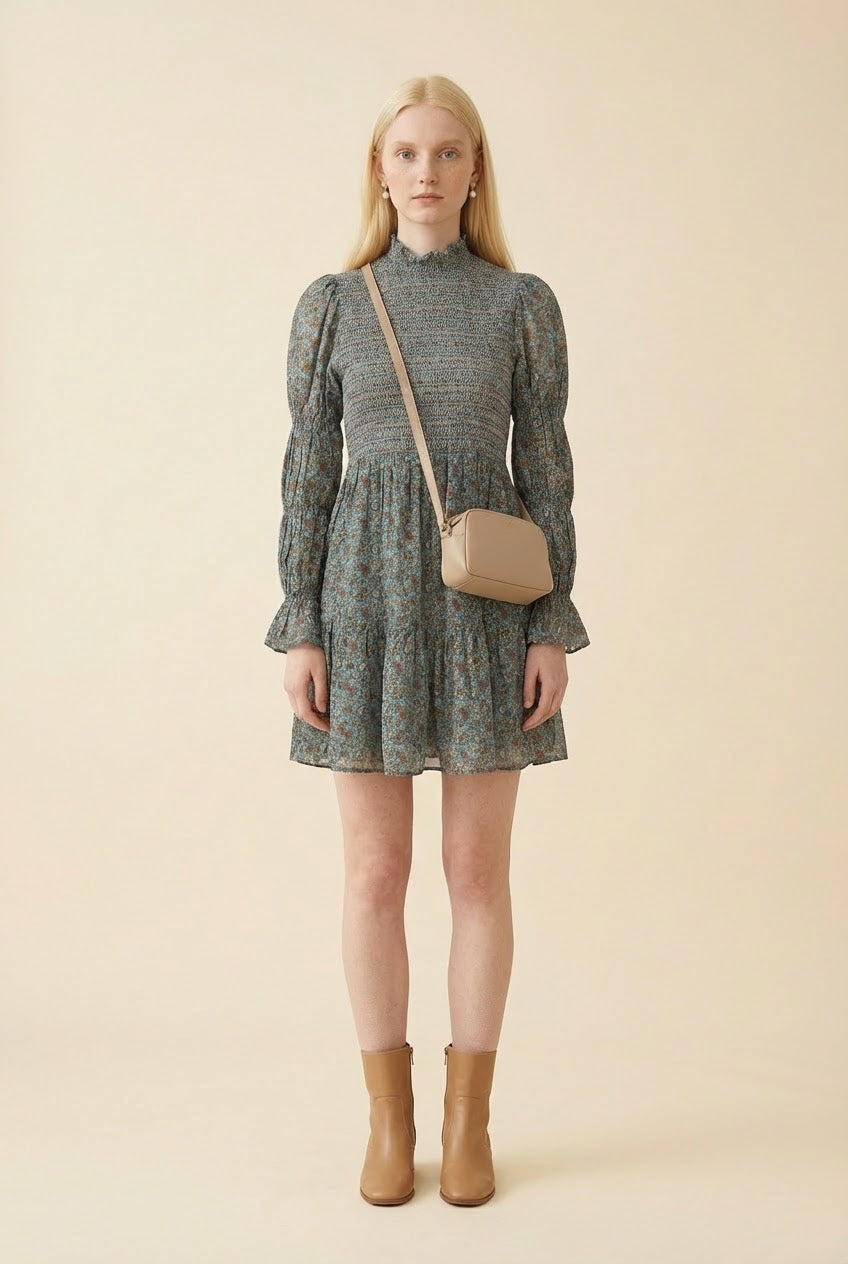 Caille Tisbury Paisley Floral Print Smocked Embroidered Mini