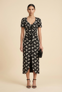 Zaza Tie-detailed Printed Silk-crepe Midi Dress In Black