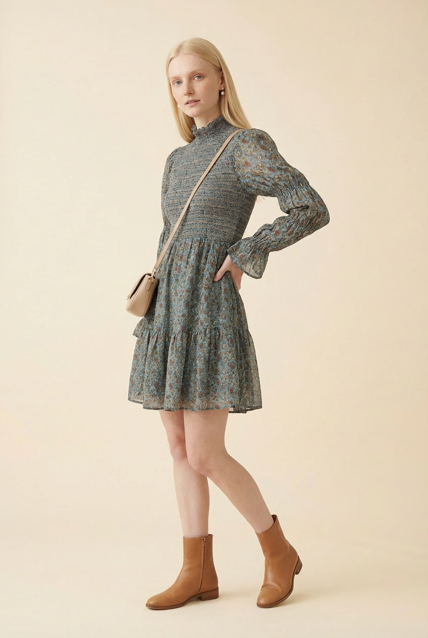 Caille Tisbury Paisley Floral Print Smocked Embroidered Mini