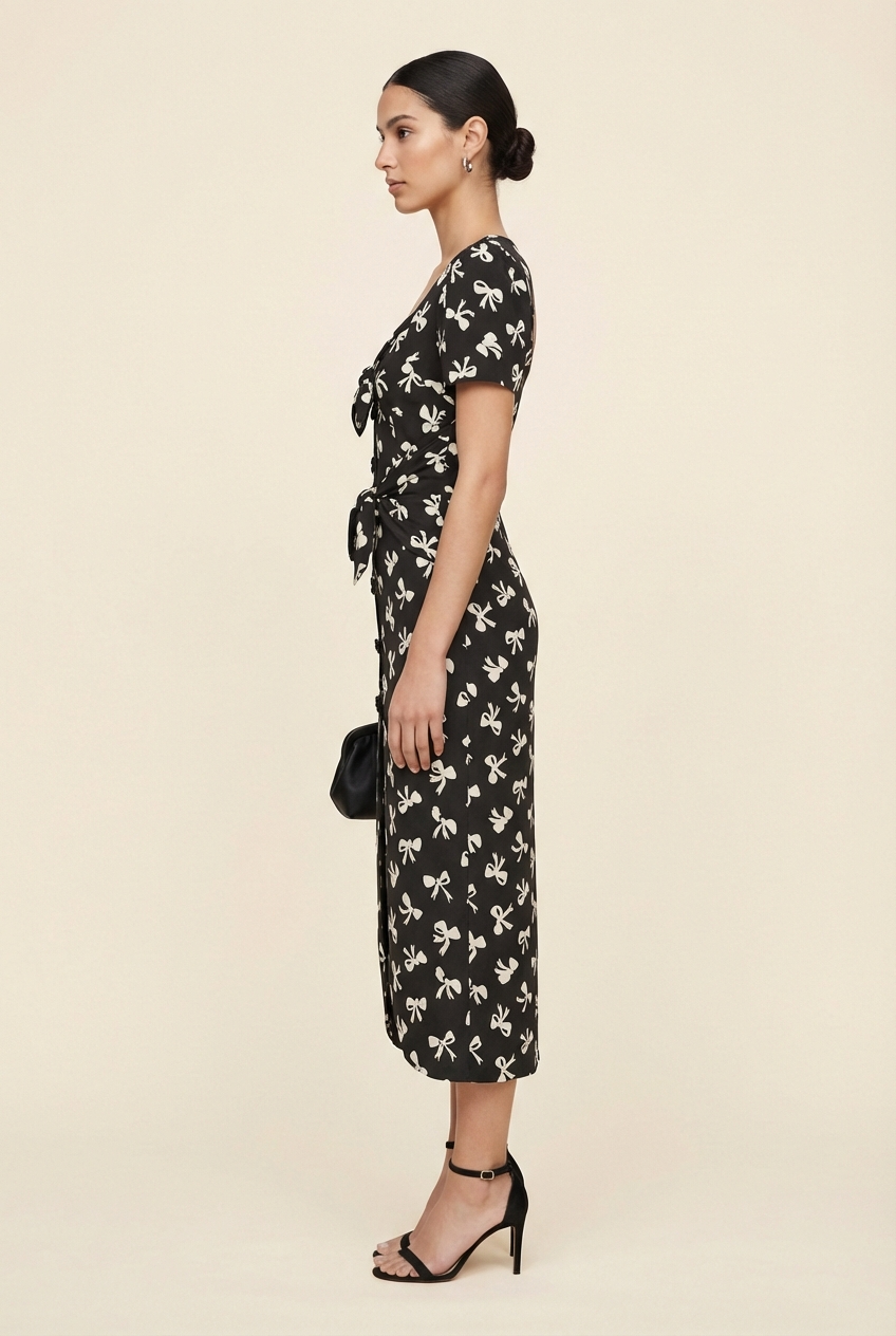 Zaza Tie-detailed Printed Silk-crepe Midi Dress In Black