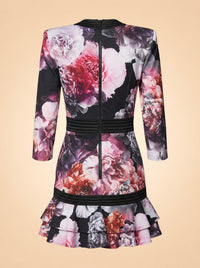 Zhivago Black Peony Floral Plunge Dress (ribbed trim) — back