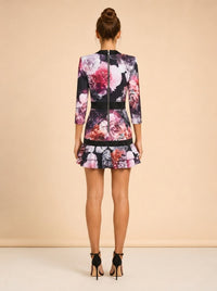 Zhivago Black Peony Floral Plunge Dress (ribbed trim) — on model, back