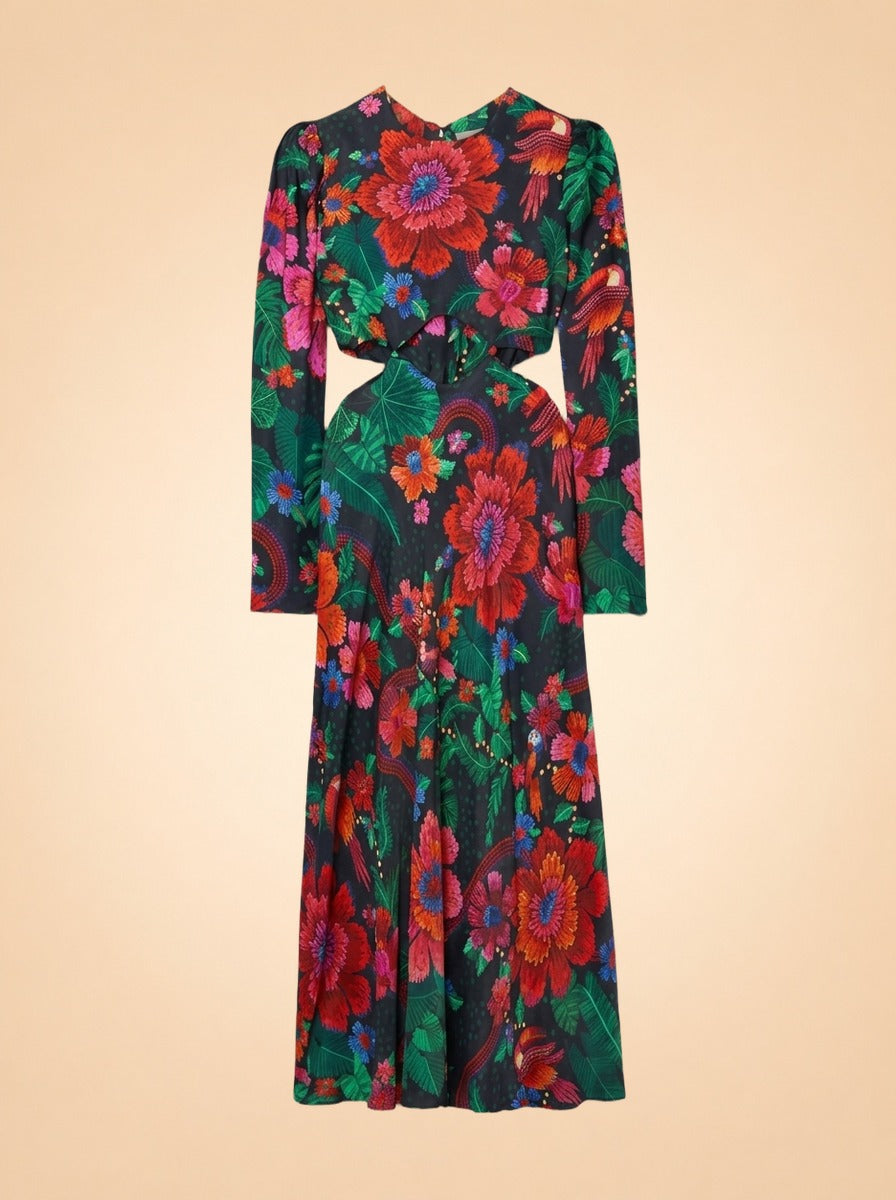 Blooming Garden Cutout Printed Satin Midi Dress ghost_front