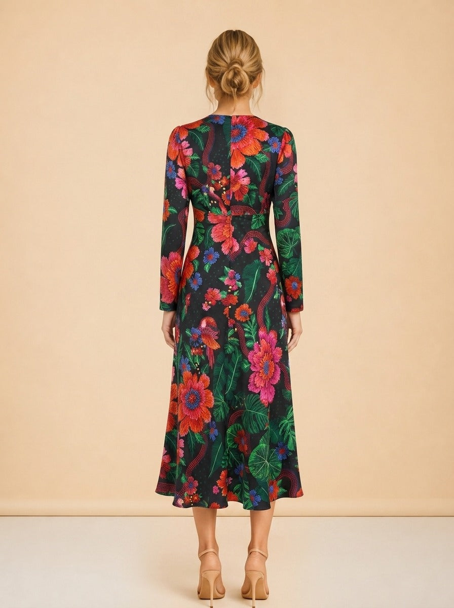 Blooming Garden Cutout Printed Satin Midi Dress model_back