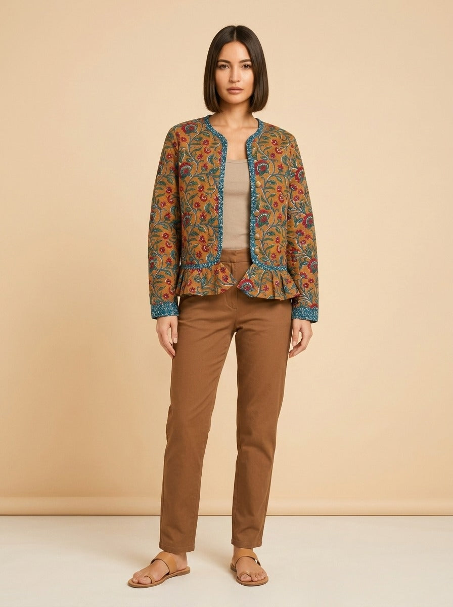 Brown & blue quilted jacket model_front