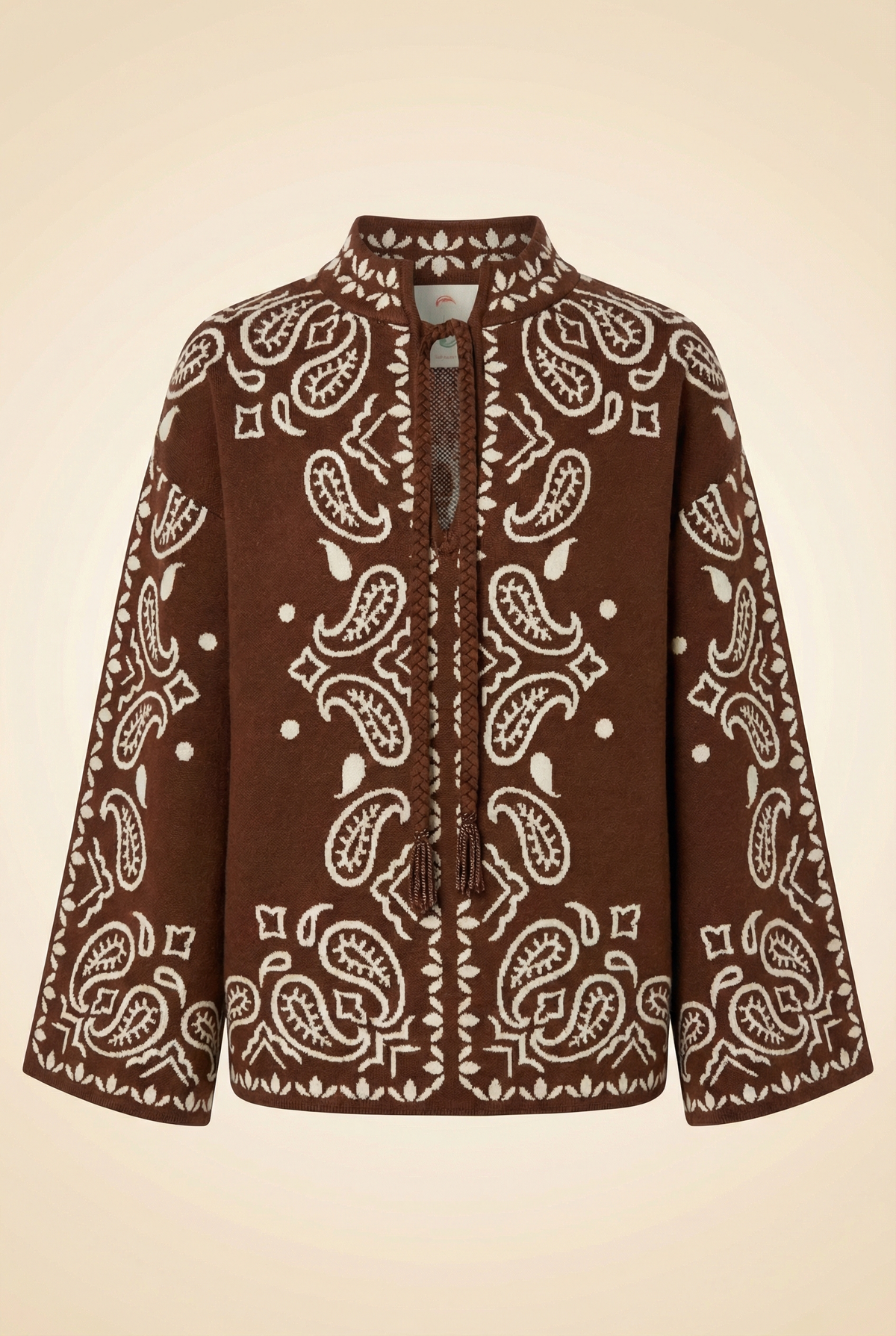 Brown Bohemian Paisley Beaded Rope Knit Sweater