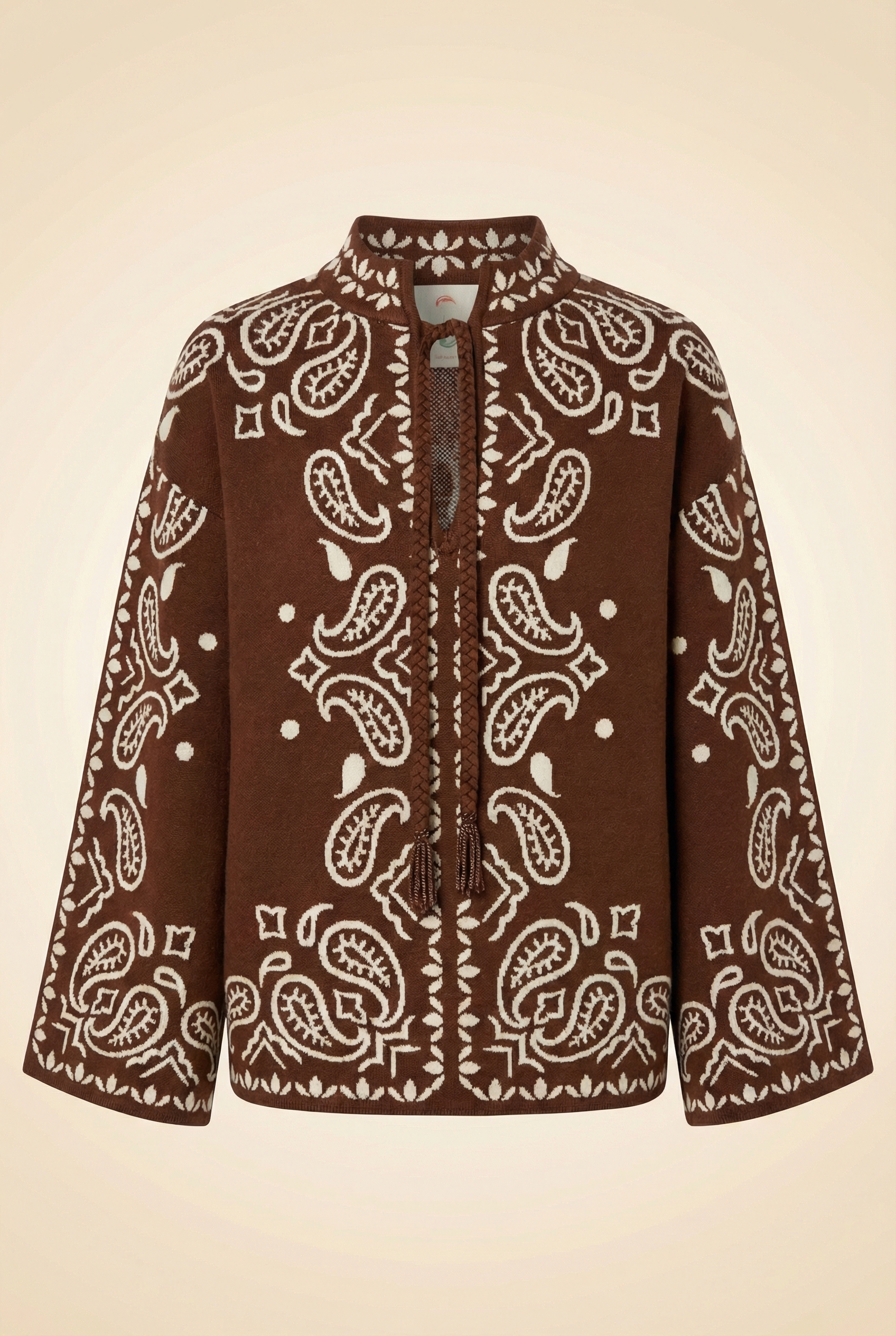 Brown Bohemian Paisley Beaded Rope Knit Sweater
