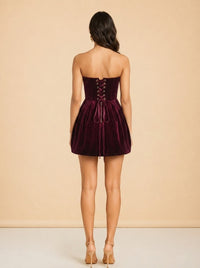 Bronx & Banco Burgundy Velvet Strapless Beaded Mini Dress — on model, back