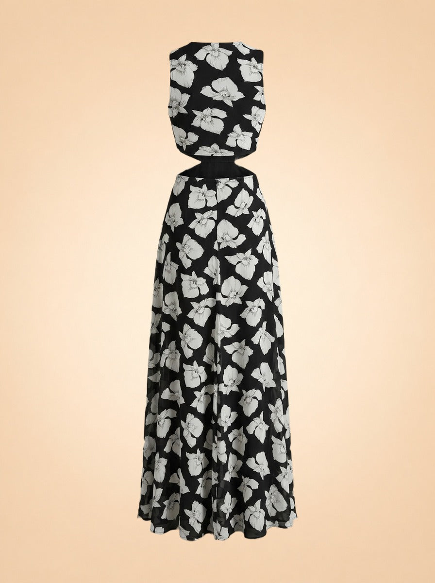 Black Floral One-Shoulder Cutout Maxi Dress