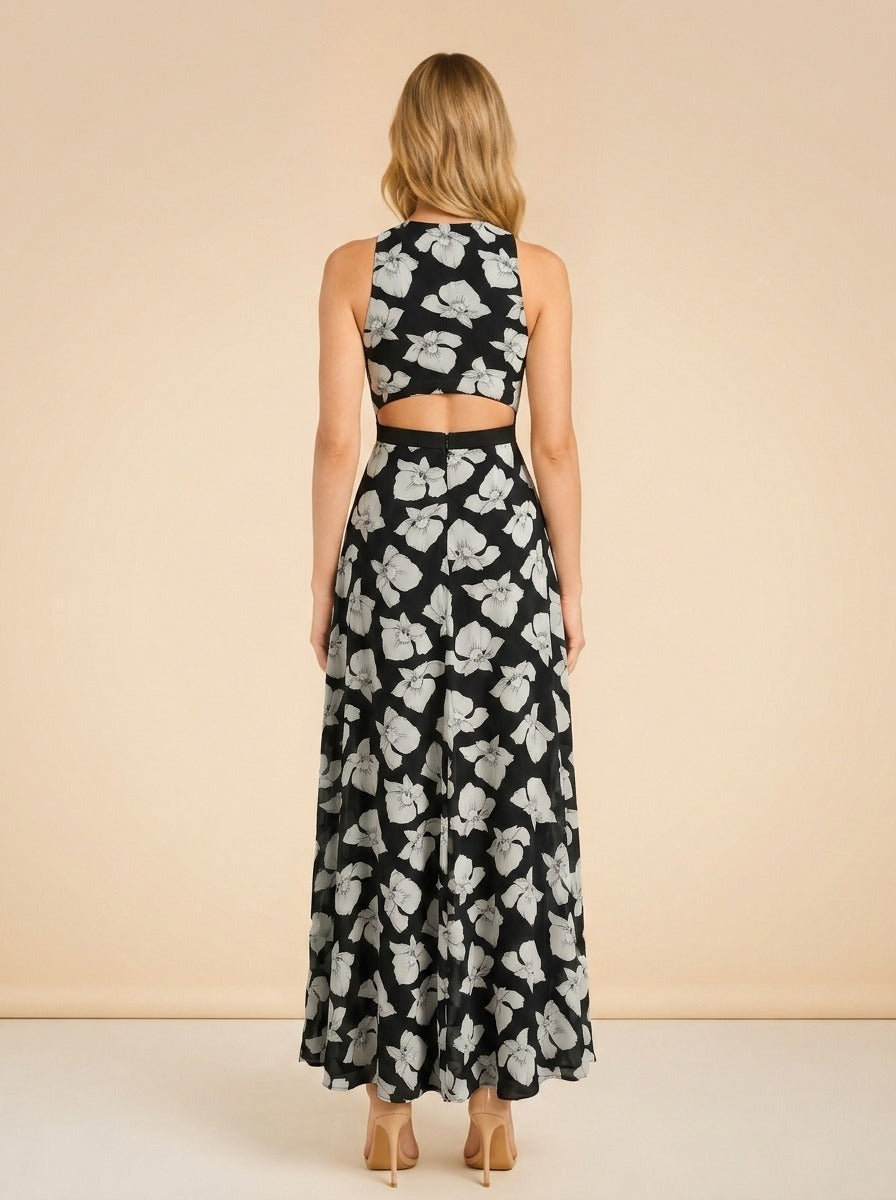 Black Floral One-Shoulder Cutout Maxi Dress