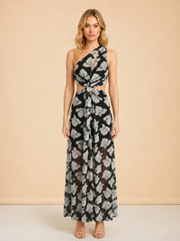 Black Floral One-Shoulder Cutout Maxi Dress