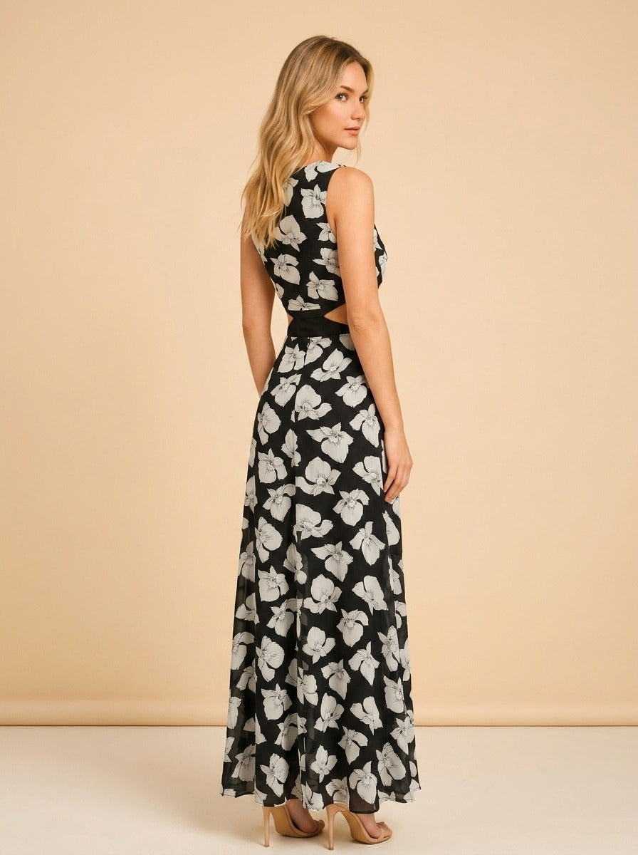 Black Floral One-Shoulder Cutout Maxi Dress