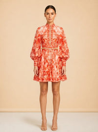 Zimmermann Coral/Red Palm & Floral Print Linen Dress — on model, front