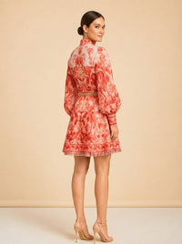 Zimmermann Coral/Red Palm & Floral Print Linen Dress — detail