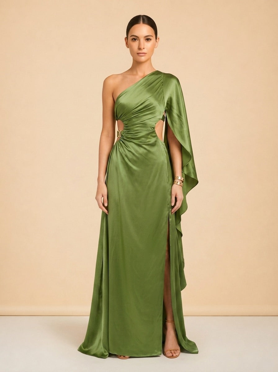 Cosette One Shoulder Cutout Silk Satin Gown model_front