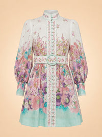 Zimmermann Cream Floral Linen Button Dress (mint trim) — front