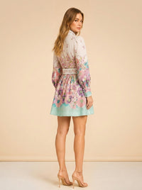 Zimmermann Cream Floral Linen Button Dress (mint trim) — detail